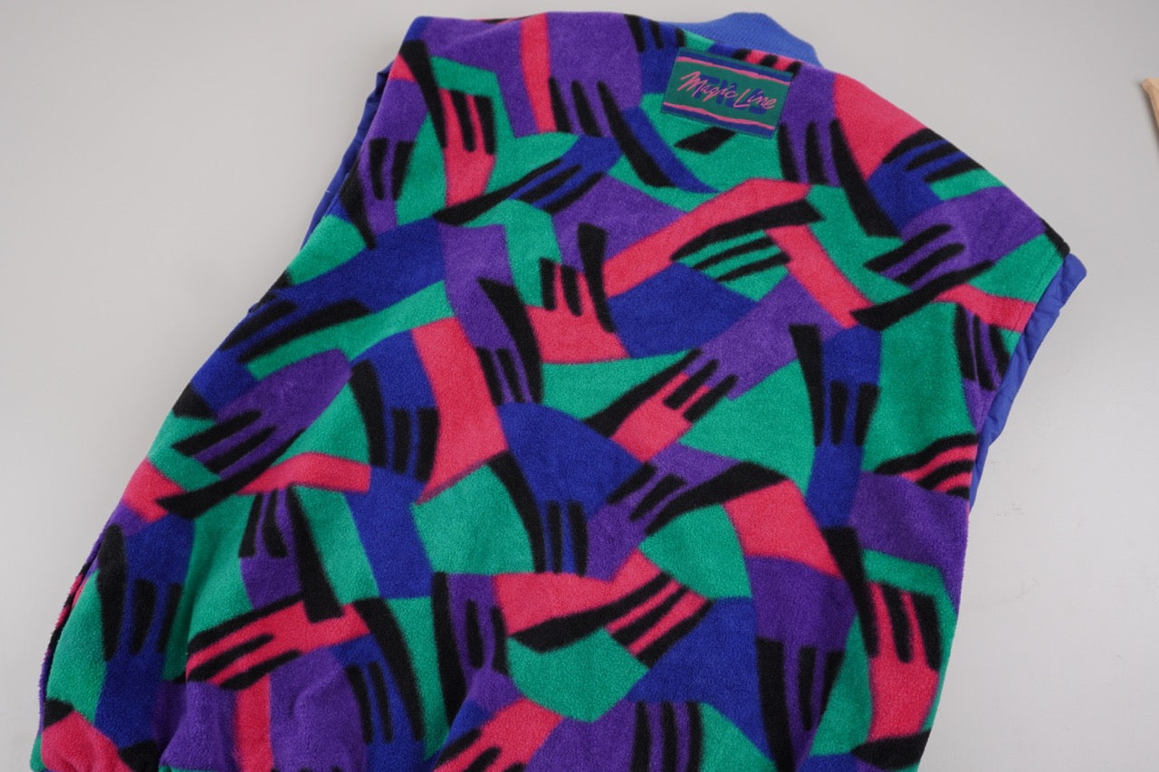 90s Fila Magic Line Crazy Fleece Vest Blue Pink XL