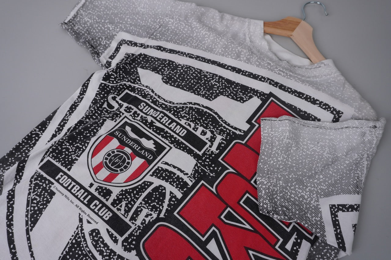 90s Nutmeg Mills AFC Sunderland Blackcats Premier League Football Allover Print T-shirt White Red M/L