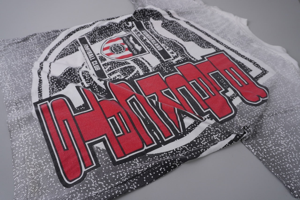 90s Nutmeg Mills AFC Sunderland Blackcats Premier League Football Allover Print T-shirt White Red M/L