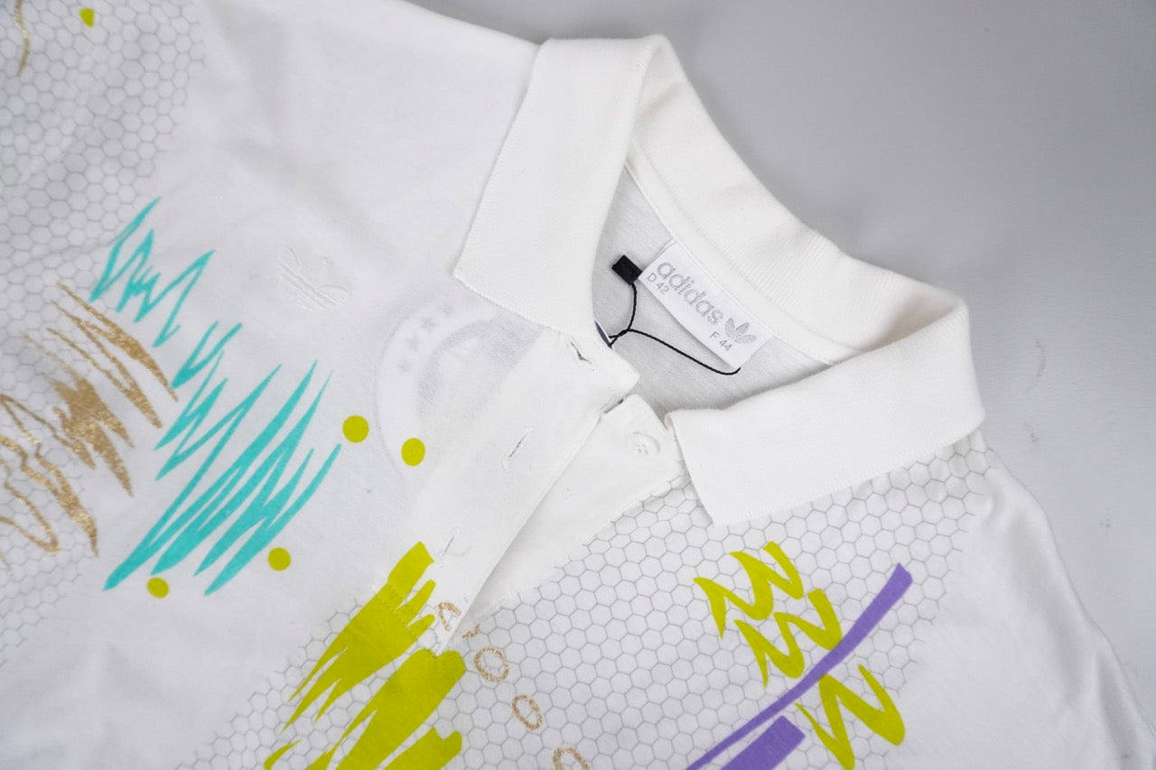90s Adidas Polo Shirt White Multi M