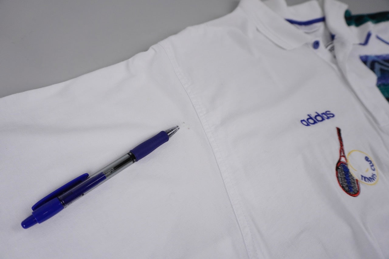 90s Adidas Tennis Polo White Green L