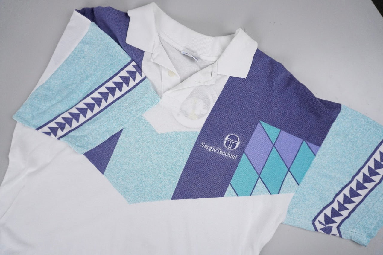 80s Sergio Tacchini T-shirt White Blue, turquoise M