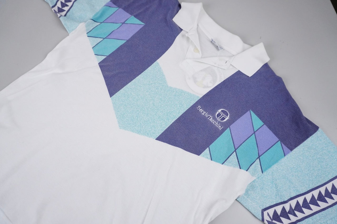 80s Sergio Tacchini T-shirt White Blue, turquoise M