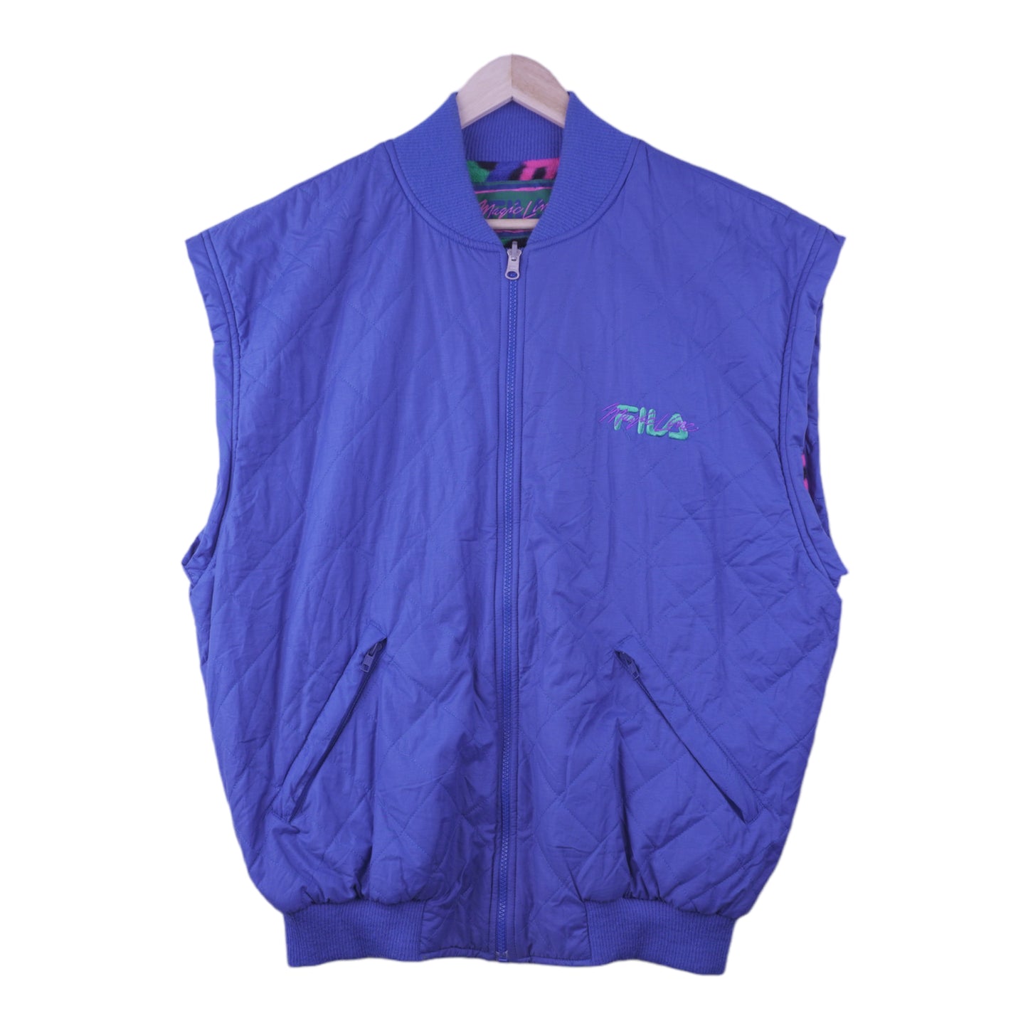 90s Fila Magic Line Crazy Fleece Vest Blue Pink XL