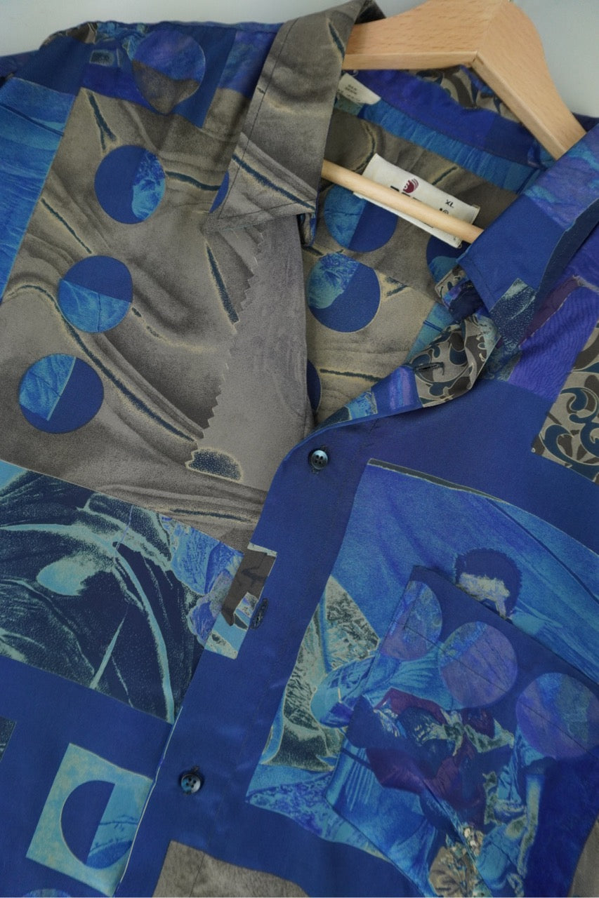 90s Dergi Sportswear Silk Shirt Blue XL