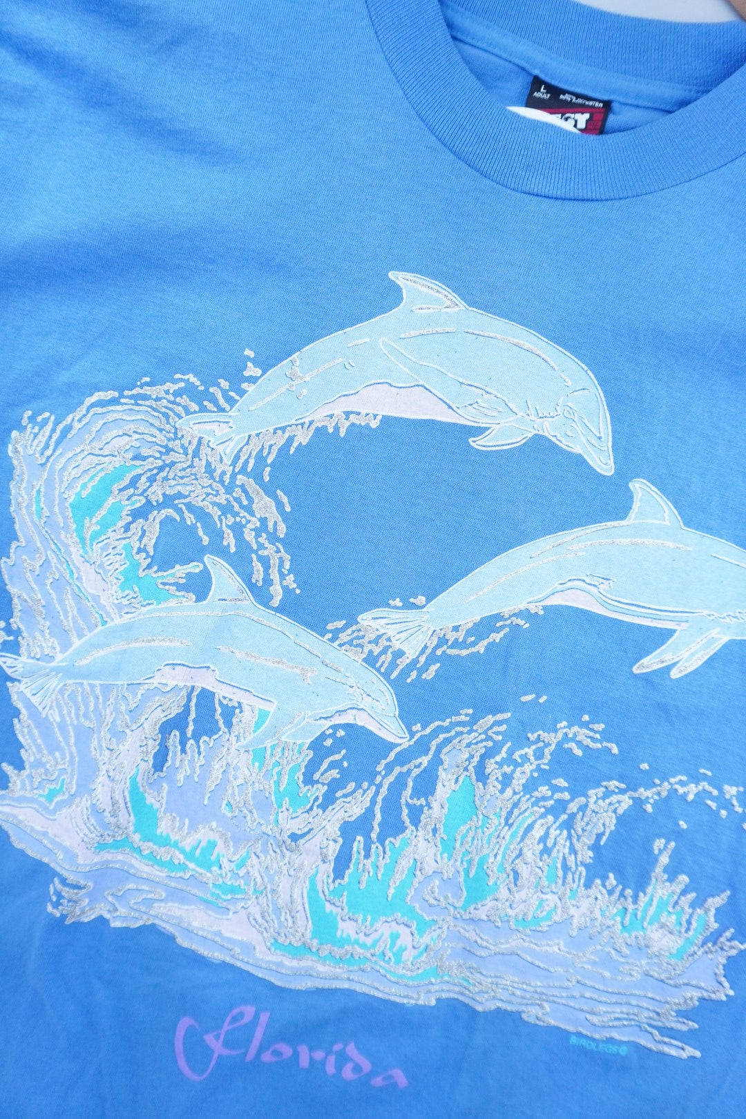 90s Fruit of the Loom Dolphin Tourist T-Shirt Blue L