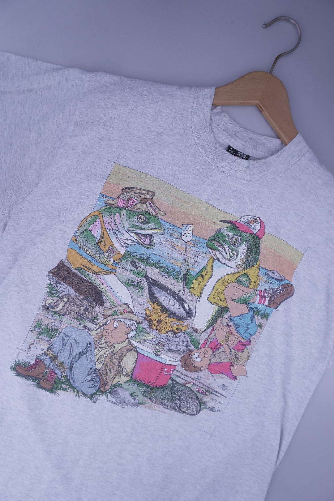 90s Screen Stars Fish Fishing Fishers T-Shirt Grey M