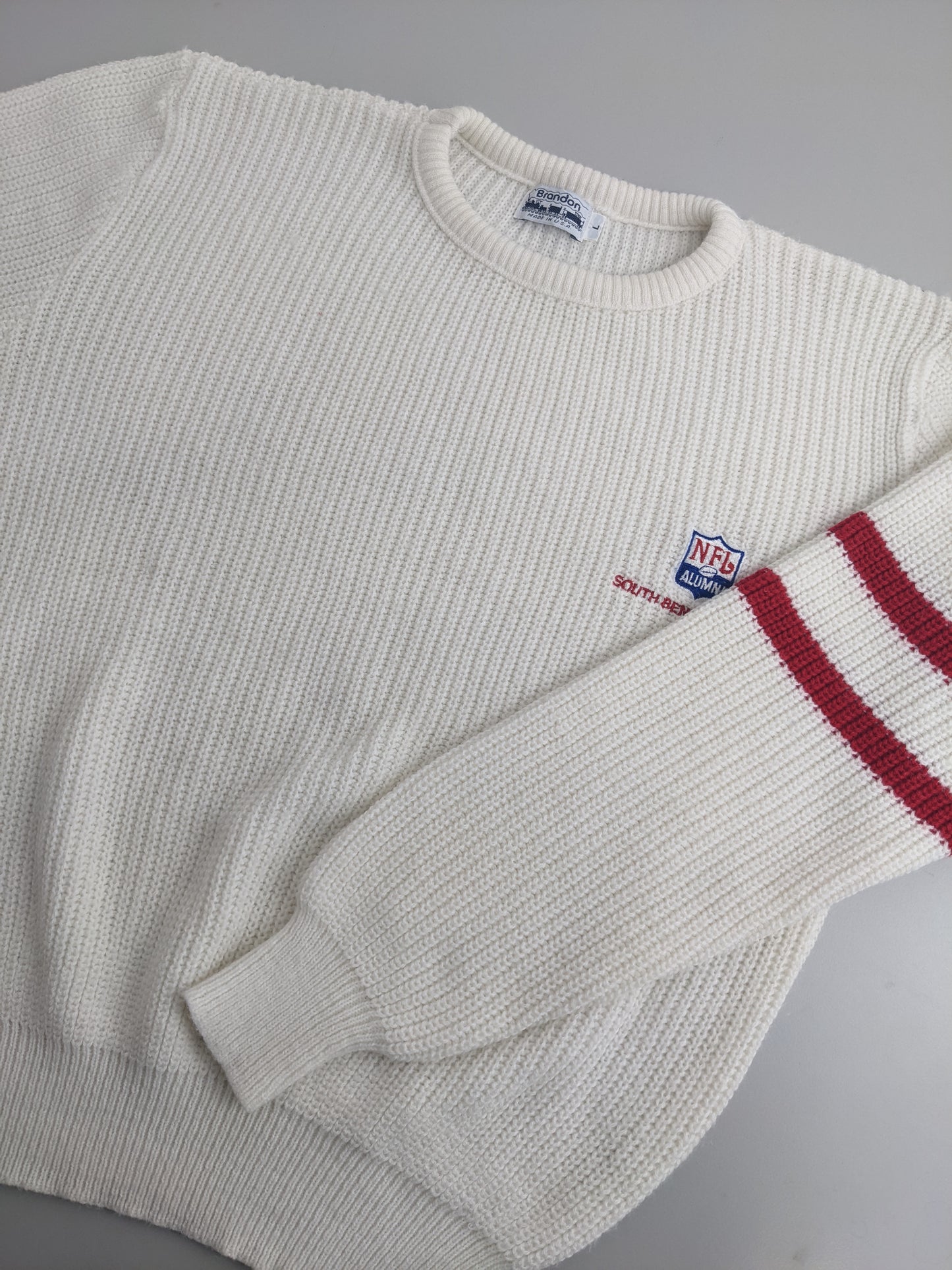90s Brandon NFL Alumni South Bend Chapter Knit Sweater White Red S/M