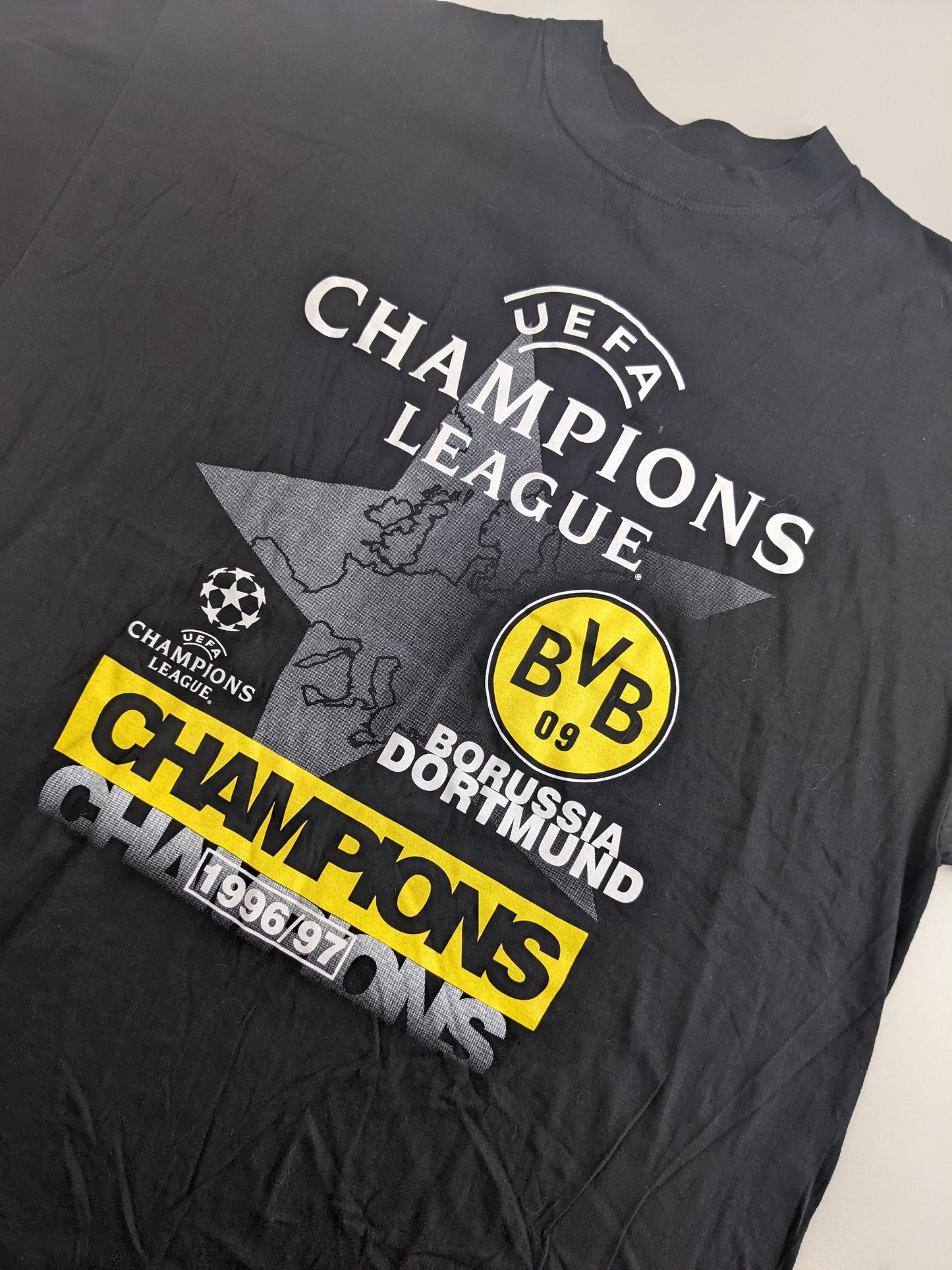 90s BVB Dortmund Champions League 96/97 Champions T-Shirt Black Yellow XL