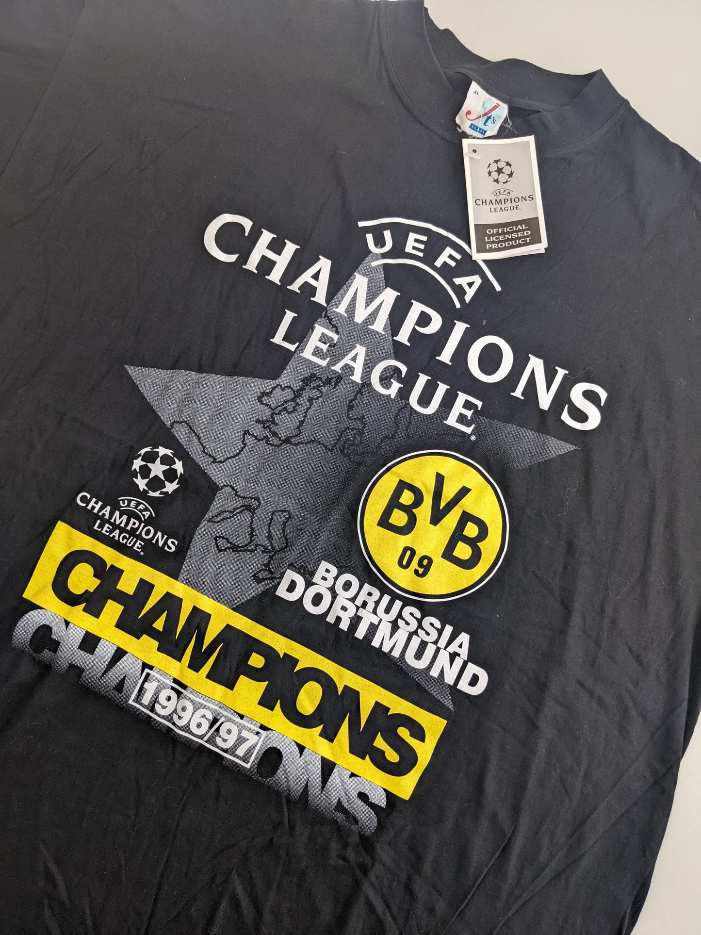 90s BVB Dortmund Champions League 96/97 Champions T-Shirt Black Yellow XL