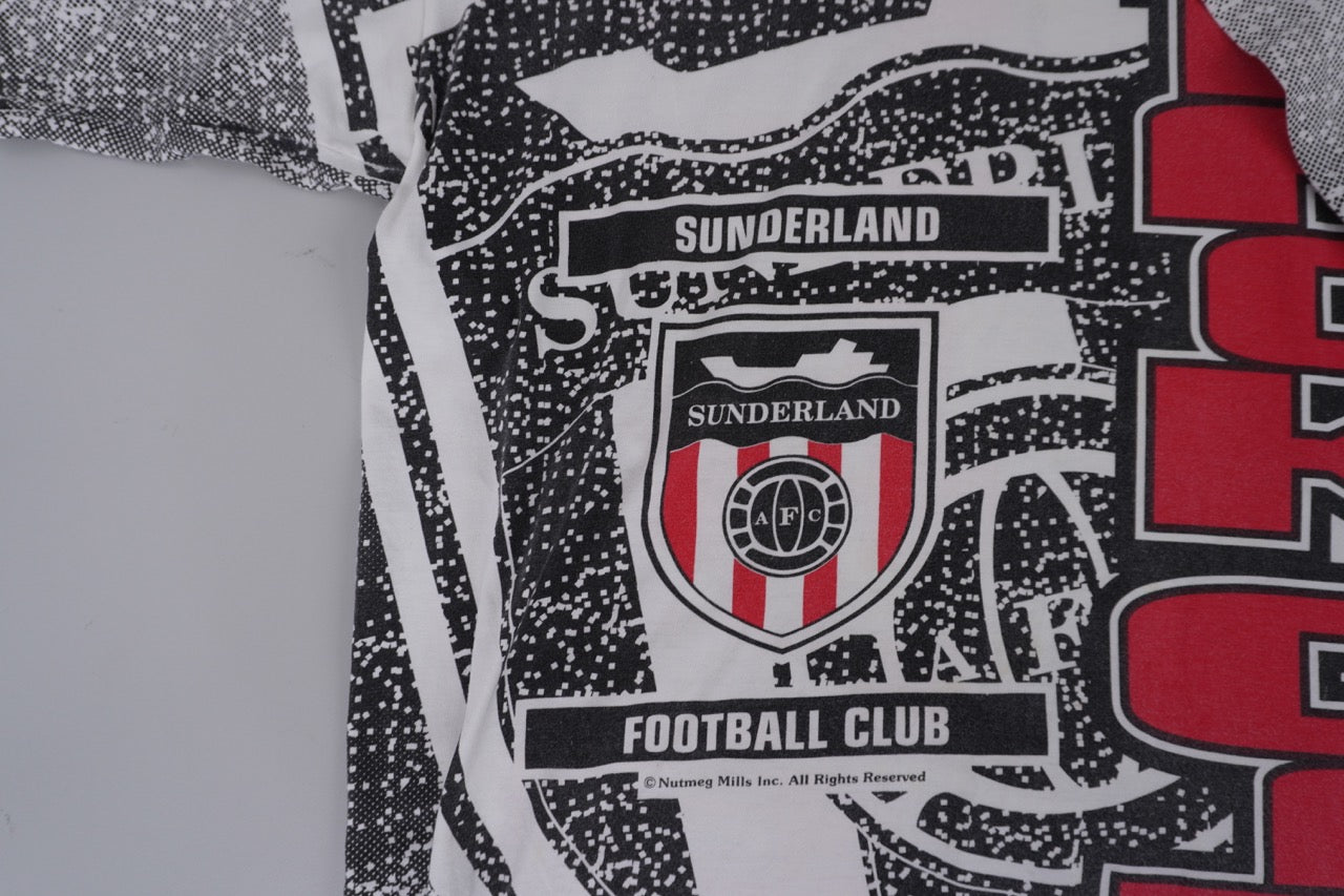 90s Nutmeg Mills AFC Sunderland Blackcats Premier League Football Allover Print T-shirt White Red M/L