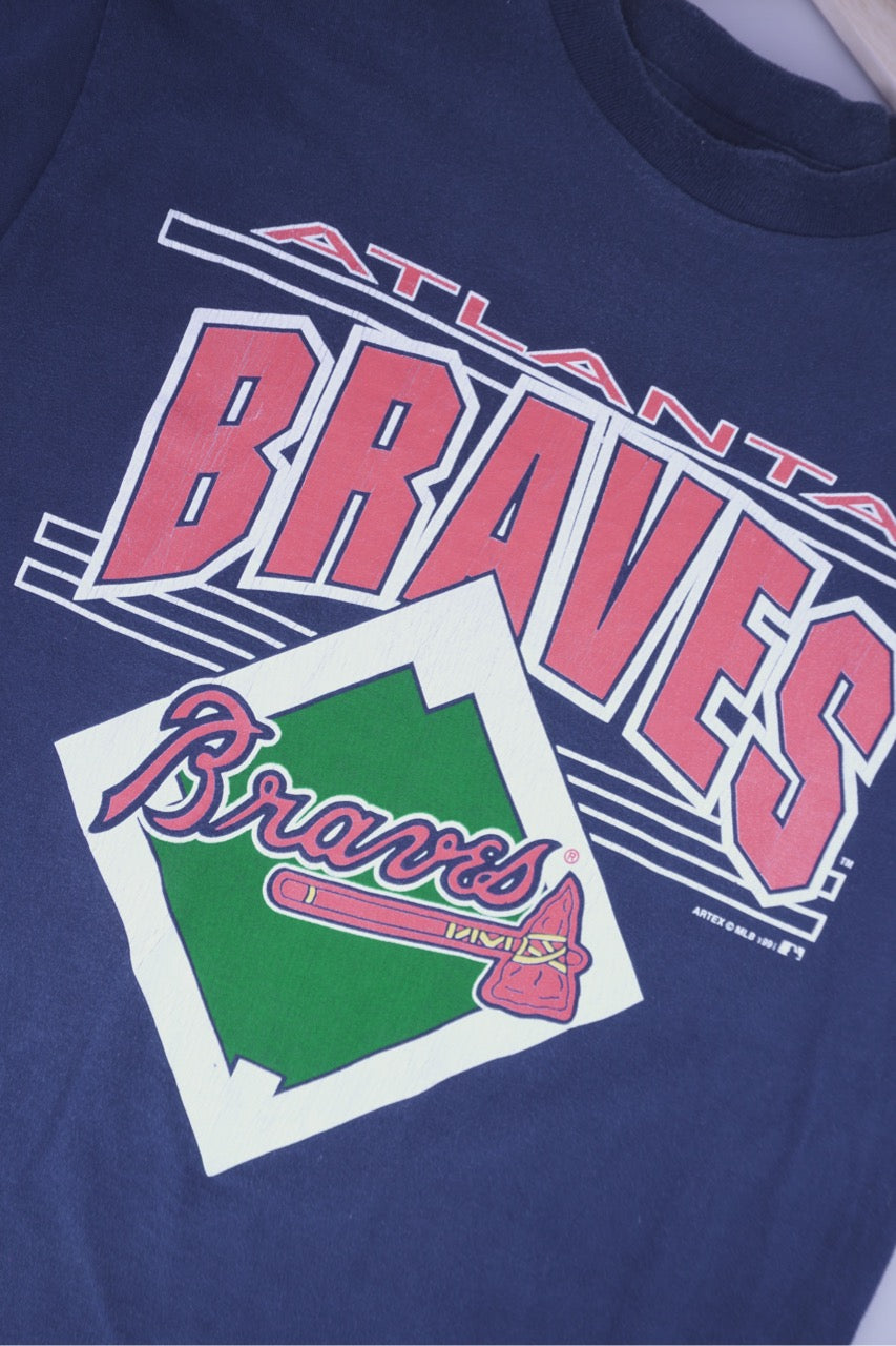 90s Artex Atlanta Braves MLB T-Shirt Navy Blue  L