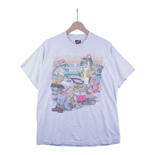 90s Screen Stars Fish Fishing Fishers T-Shirt Grey  M