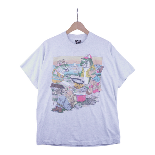 90s Screen Stars Fish Fishing Fishers T-Shirt Grey M